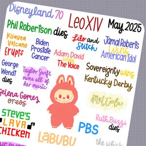 Hoogtepunten 2025 MEI - Handgetekende schriftelijke plannerstickers - Geheugenplanning - Geheugen bijhouden - Actuele gebeurtenissen - Bullet Journal - Nieuws