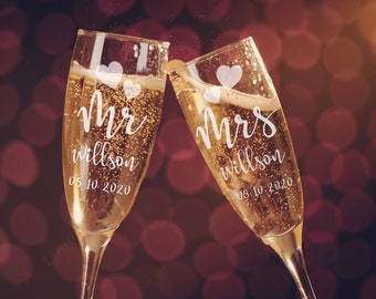 Mr. & Mrs. Engraved Champagne Flutes, Set of 2, Personalized Wedding Gift