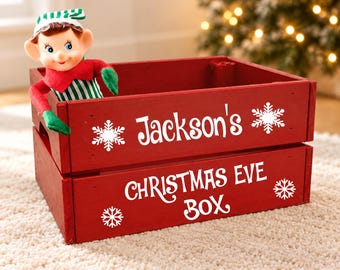Gepersonaliseerde kerstavondbox, handbeschilderde houten kerstmand met kerstmanmotief.