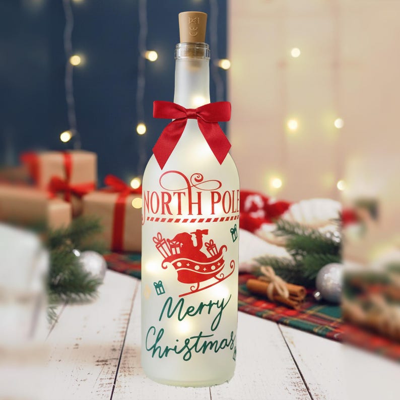 Lighted Christmas Wine Bottle, Frosted Glass Holiday Decor | Xmas ... - Frosted Glass Bottle Centerpieces