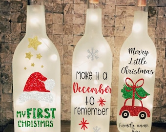 Personalized Christmas Lighted Wine Bottle, Holiday Decor