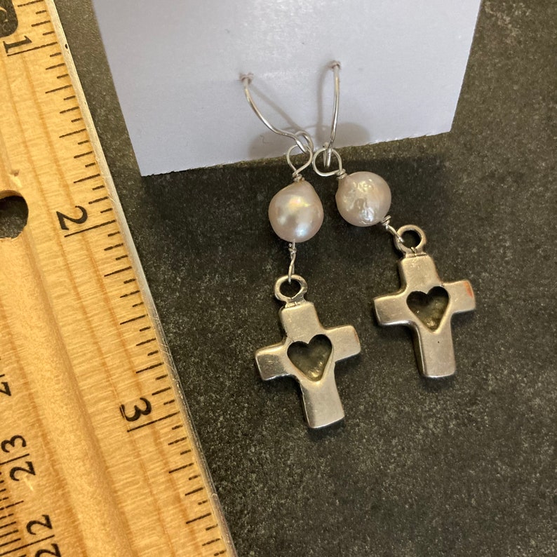 Sterling silver earrings,cross earrings,religious earrings,vintage Akoya pearl earrings,925 heart shape earrings