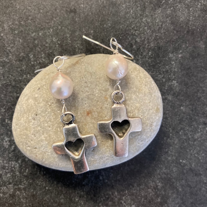 Sterling silver earrings,cross earrings,religious earrings,vintage Akoya pearl earrings,925 heart shape earrings