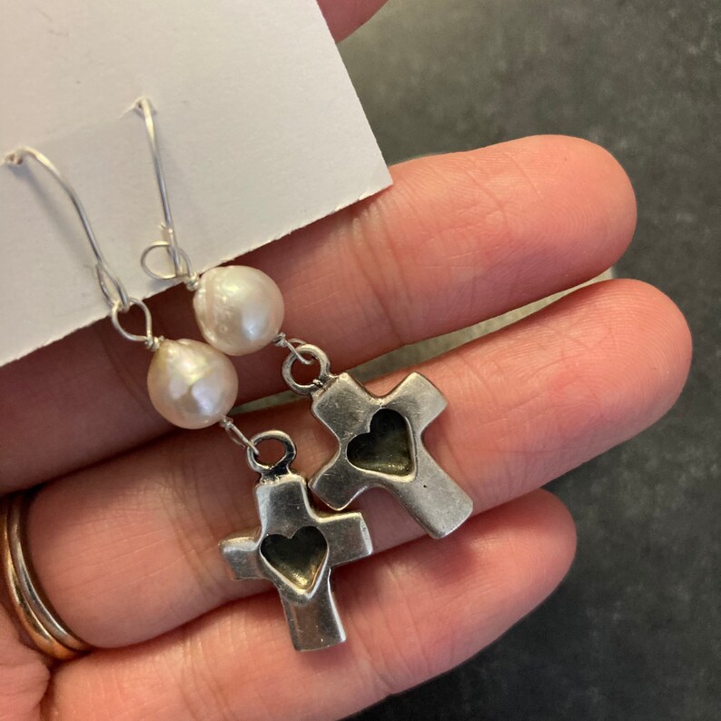 Sterling silver earrings,cross earrings,religious earrings,vintage Akoya pearl earrings,925 heart shape earrings