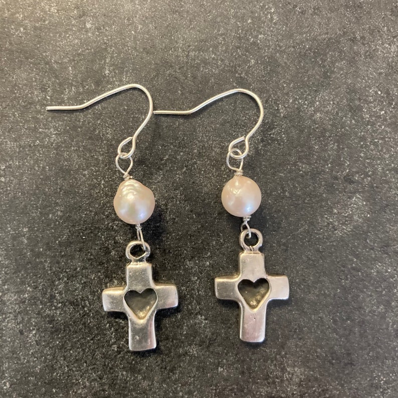 Sterling silver earrings,cross earrings,religious earrings,vintage Akoya pearl earrings,925 heart shape earrings