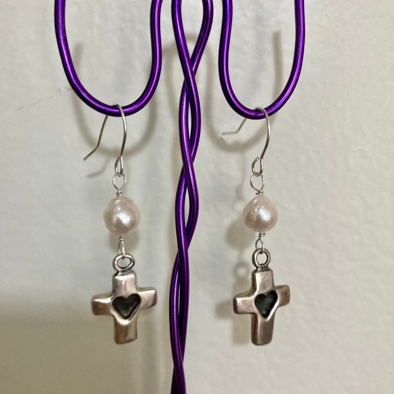 Sterling silver earrings,cross earrings,religious earrings,vintage Akoya pearl earrings,925 heart shape earrings