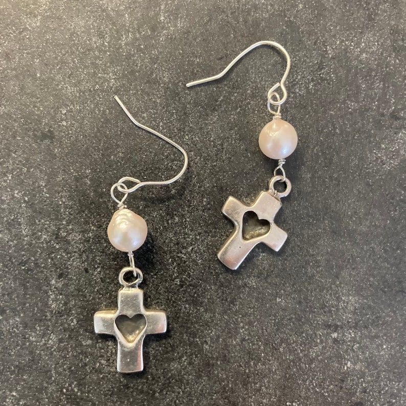 Sterling silver earrings,cross earrings,religious earrings,vintage Akoya pearl earrings,925 heart shape earrings