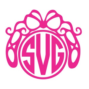 May include: Pink monogram with the letters "SVG" inside a circle, surrounded by a design of two ballet shoes with a bow on top.
