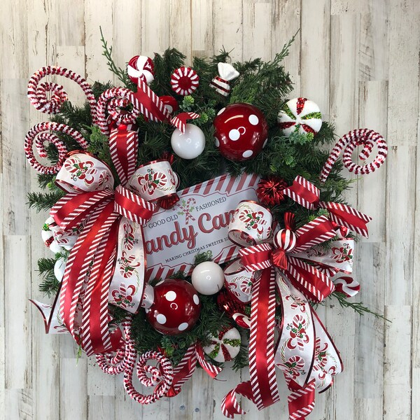 Christmas Wreath For Front Door,  Red And White Whimsical Wreath , Candy Cane Wreath, Designer Wreath, Mantel Decor, Metal Sign