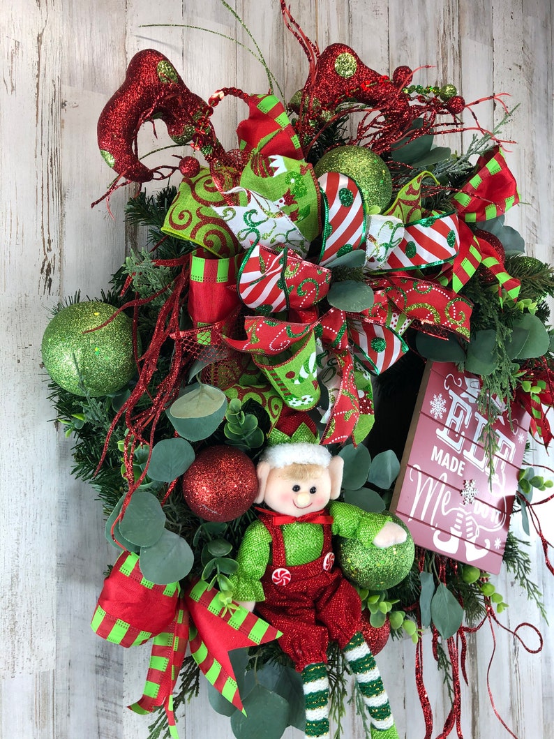 Elf Holiday Wreath For Front Door Elf Christmas Wreath Mantel Decor Traditional Colors of Red And Green Holiday Wreath Outside Wreath