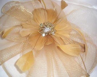 Gold champagne English fascinator hat headpiece, English hat fascinator headband, Kentucky derby fascinator, hat fascinator, clip on hat