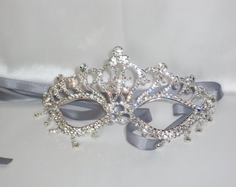 rhinestone mask, silver crystal mask, bridal mask, wedding mask, costume ball mask, masquerade mask, halloween mask, prom pageant mask, mask