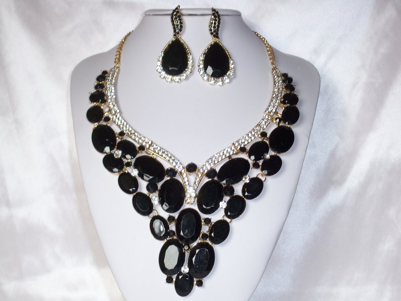 bridal wedding necklace ballroom drag queen necklace Black rhinestone necklace set statement necklace pageant prom Quenceanera necklace