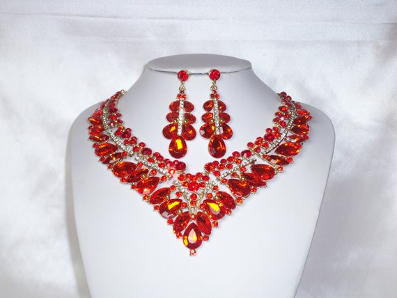 Red necklace set, wedding jewelry, rhinestone necklace, pageant prom party  dinner necklace, drag queen necklace, Quenceanera necklace set
