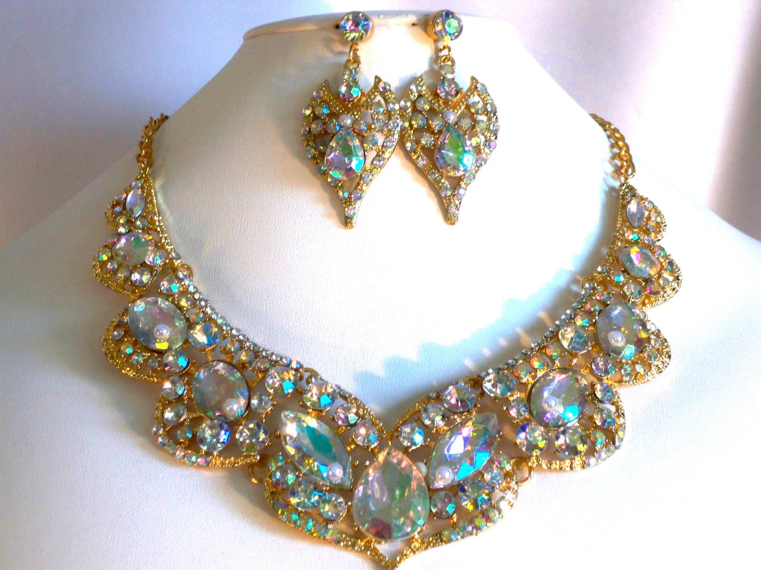 Gold AB Rhinestone Necklace Set: Bridal Prom Jewelry - Etsy