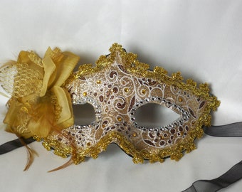 Gold Masquerade Mask: Glitter, Rhinestones, Feather Floral Venetian Mask