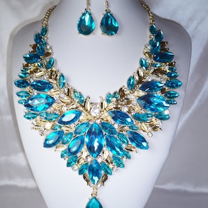 Aqua blue rhinestone necklace set, bridal wedding necklace, statement necklace, drag queen necklace,pageant necklace ballroom dance necklace image 2