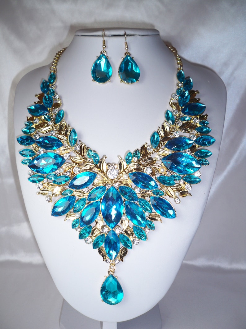 Aqua blue rhinestone necklace set, bridal wedding necklace, statement necklace, drag queen necklace,pageant necklace ballroom dance necklace image 2