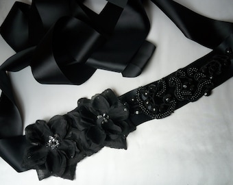 Black Floral Rhinestone Bridal Sash: Evening Dress Belt