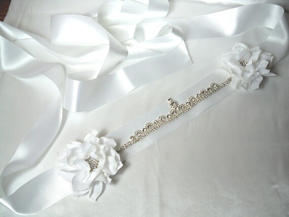 White Rhinestone Floral Bridal Belt Sash: Satin Wedding  display picture 1