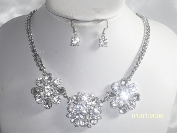 Rhinestone Floral Necklace & Earrings Set: Bridal, Prom, Ballroom
