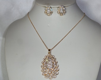 Gold Rhinestone Necklace Set: Bridal Prom Jewelry