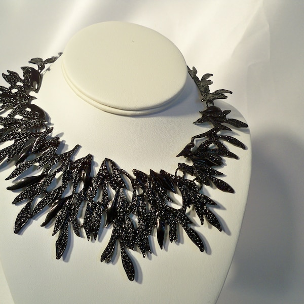 Retro black leaf collar necklace, wedding bridal MOB prom homecoming party formal evening necklace, drag queen ballroom statement necklace