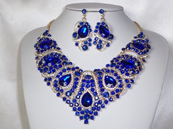 Blue Rhinestone Necklace Set: Bridal Ballroom Jewelry
