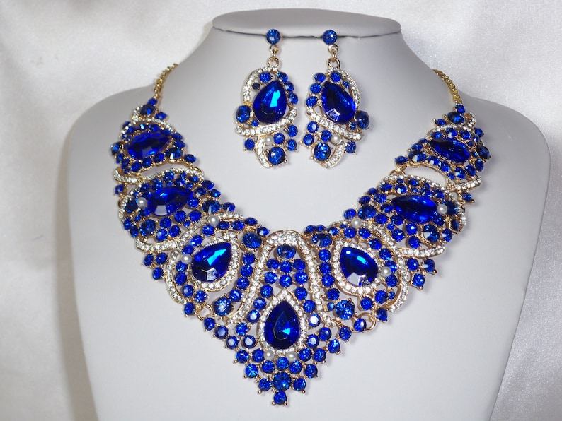 Blue Rhinestone Necklace Set: Bridal Ballroom Jewelry image 1