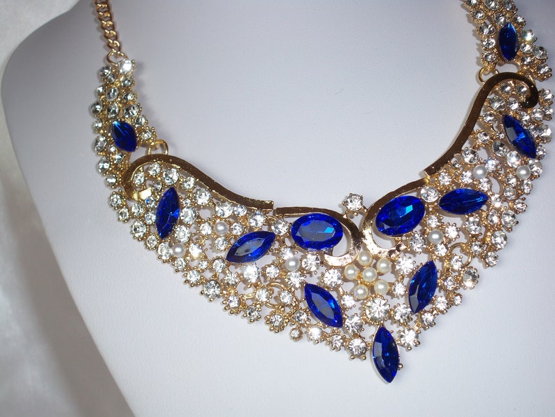 Blue sapphire rhinestone necklace set, bridal necklace, prom necklace, pageant necklace, Quenceanera necklace,party formal necklace,blue set image 4