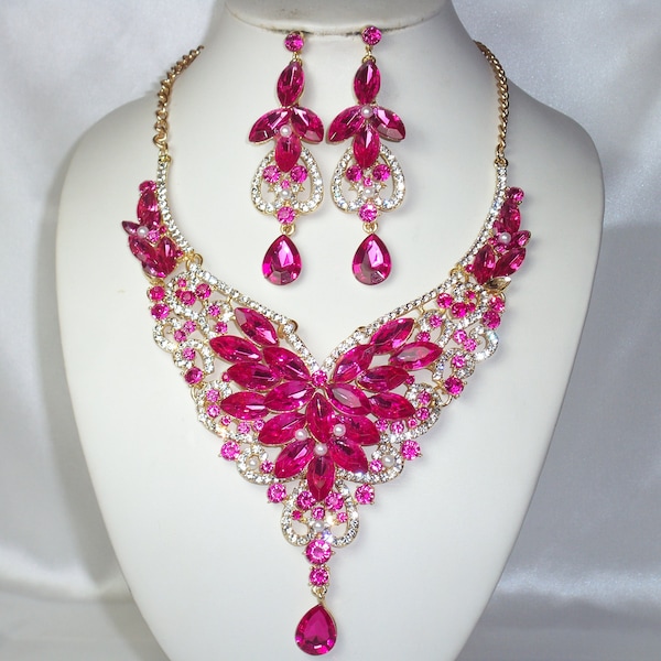 Hot Pink rhinestone necklace set, necklace set,bridal necklace,Quenceanera necklace,pageant necklace,drag queen necklace, statement necklace