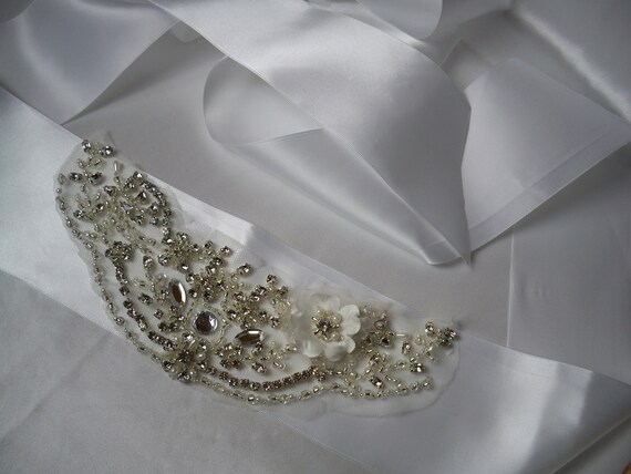 White Rhinestone Bridal Belt Sash: Flower Applique, Satin  display picture 2