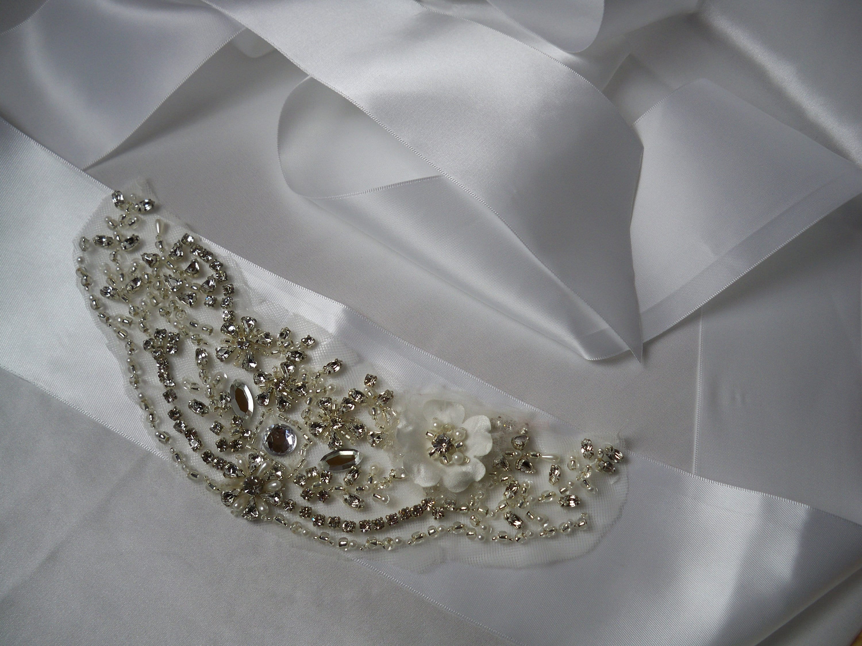 Wedding Sash (White Satin & Rhinestones) Sb699a97b64a44cf8bd7334afd6a3e  main image 4