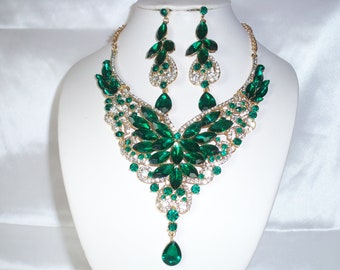 Green rhinestone necklace set, statement necklace, wedding necklace set, drag queen necklace, ballroom dance necklace, pageant necklace set