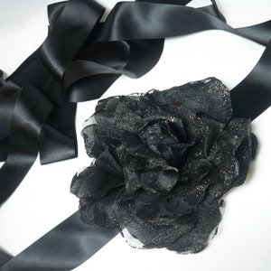 Glittery Black Flower Belt: Bridal, Bridesmaid, or Prom Sash