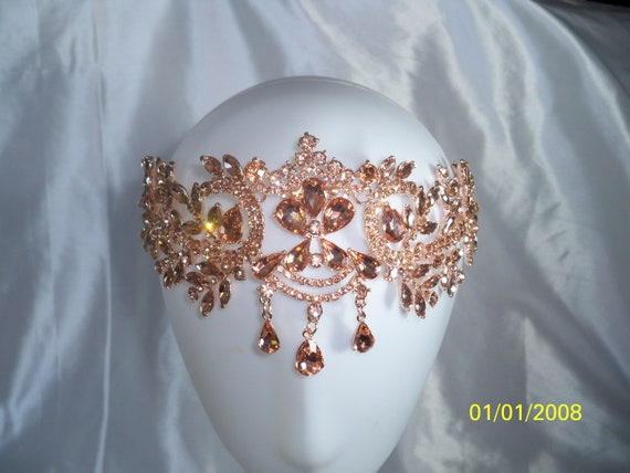 Peach Champagne Rhinestone Flapper Gatsby Headband, Wedding  display picture 2