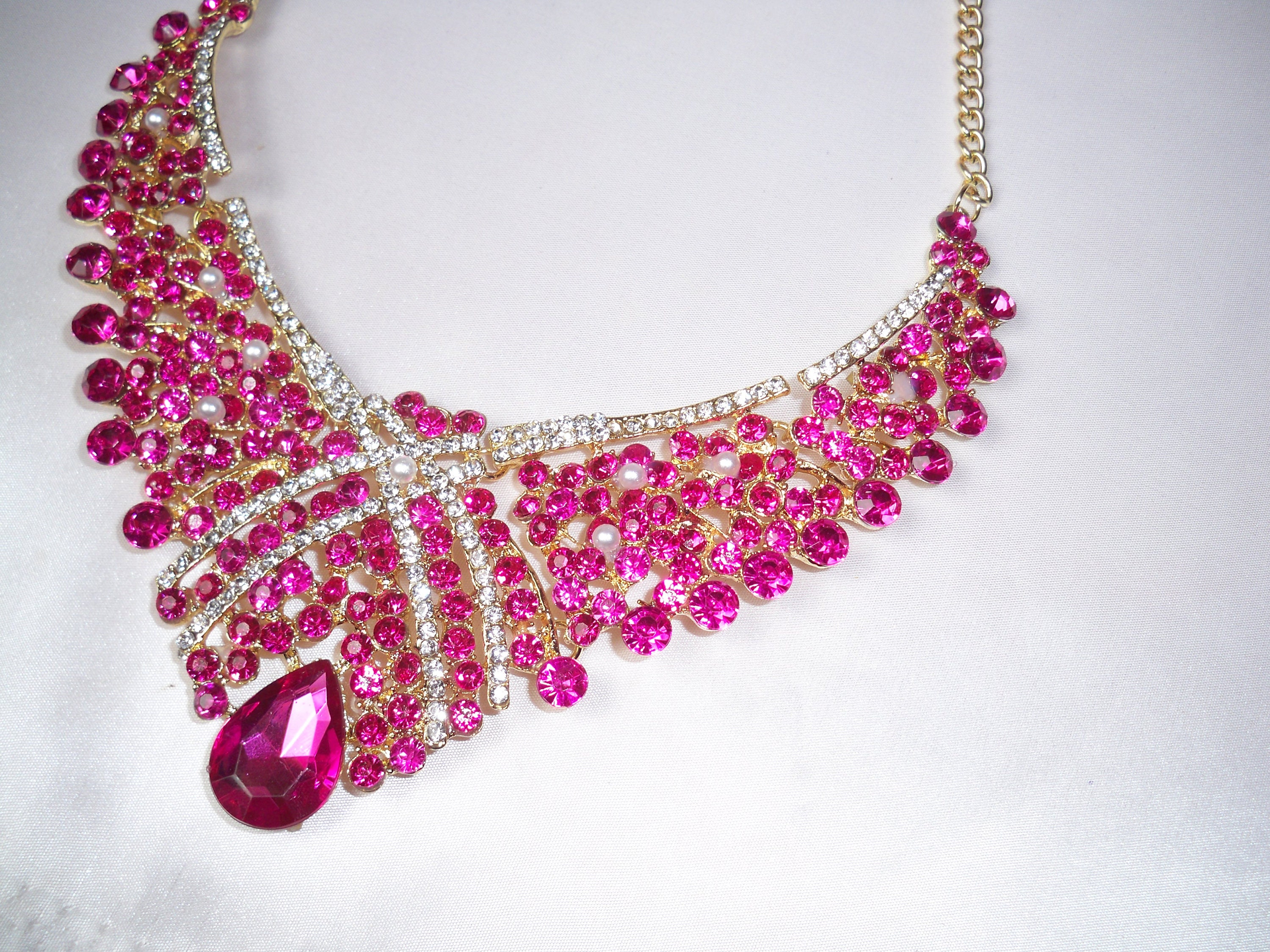 Hot pink necklace set pink necklace set rhinestone necklace Etsy