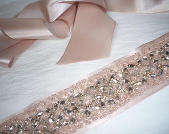 Blush Vanilla Pink Beaded Rhinestone Bridal Dress Belt Sash Wedding Bridesmaid Prom Quinceanera Pageant Formal Party Princess Dress Gown