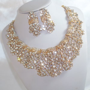 Gold Rhinestone Crystal Bib Necklace,bridal Wedding MOB Necklace, Prom ...
