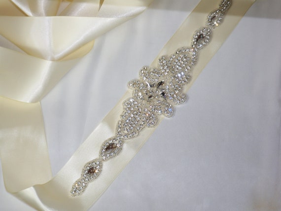 Ivory Rhinestone Bridal Belt Sash: Crystal Wedding Dress  display picture 1