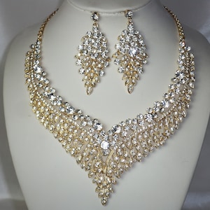 Gold necklace set, rhinestone necklace set, bridal necklace, wedding necklace, statement necklace, pageant prom necklace,drag queen necklace
