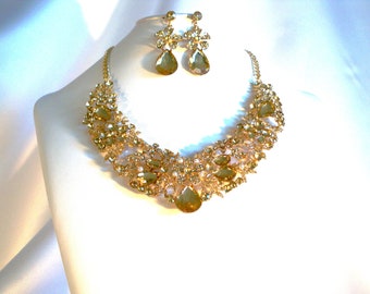 Champagne Rhinestone Necklace Set: Bridal Wedding Jewelry