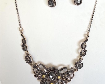 Edwardian gray black/gold Rhinestone Necklace and Earrings Set, Prom Party formal wedding statement ballroom bridal Jewelry