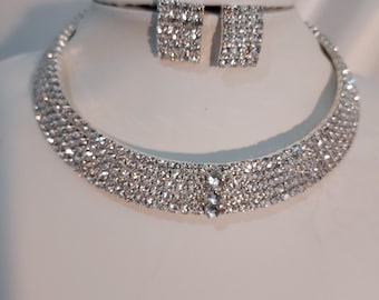 Girls silver Rhinestone choker clear jewelry necklace set, wedding prom confirmation evening Quinceanera childrens pageant necklace jewelry