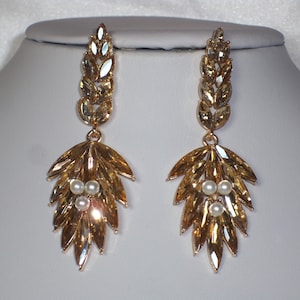 Champagne Rhinestone Dangle Earrings: Gold Prom Pageant Jewelry