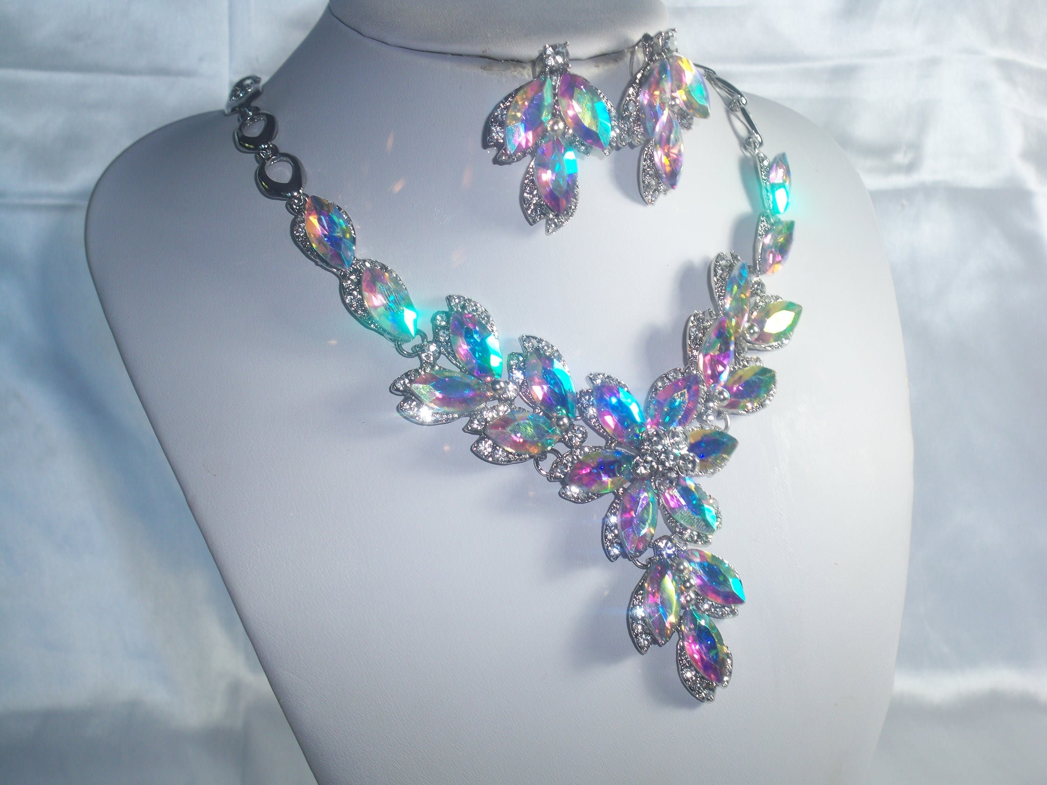 AB silver rhinestone necklace set, wedding bridal MOB necklace, prom party pageant, Quinceanera necklace, statement ballroom dance necklace