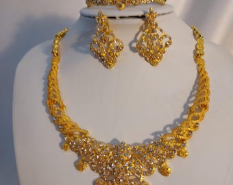 Clear gold rhinestone jewelry necklace set, wedding bridal MOB prom homecoming formal evening Quinceanera statement drag queen jewelry set
