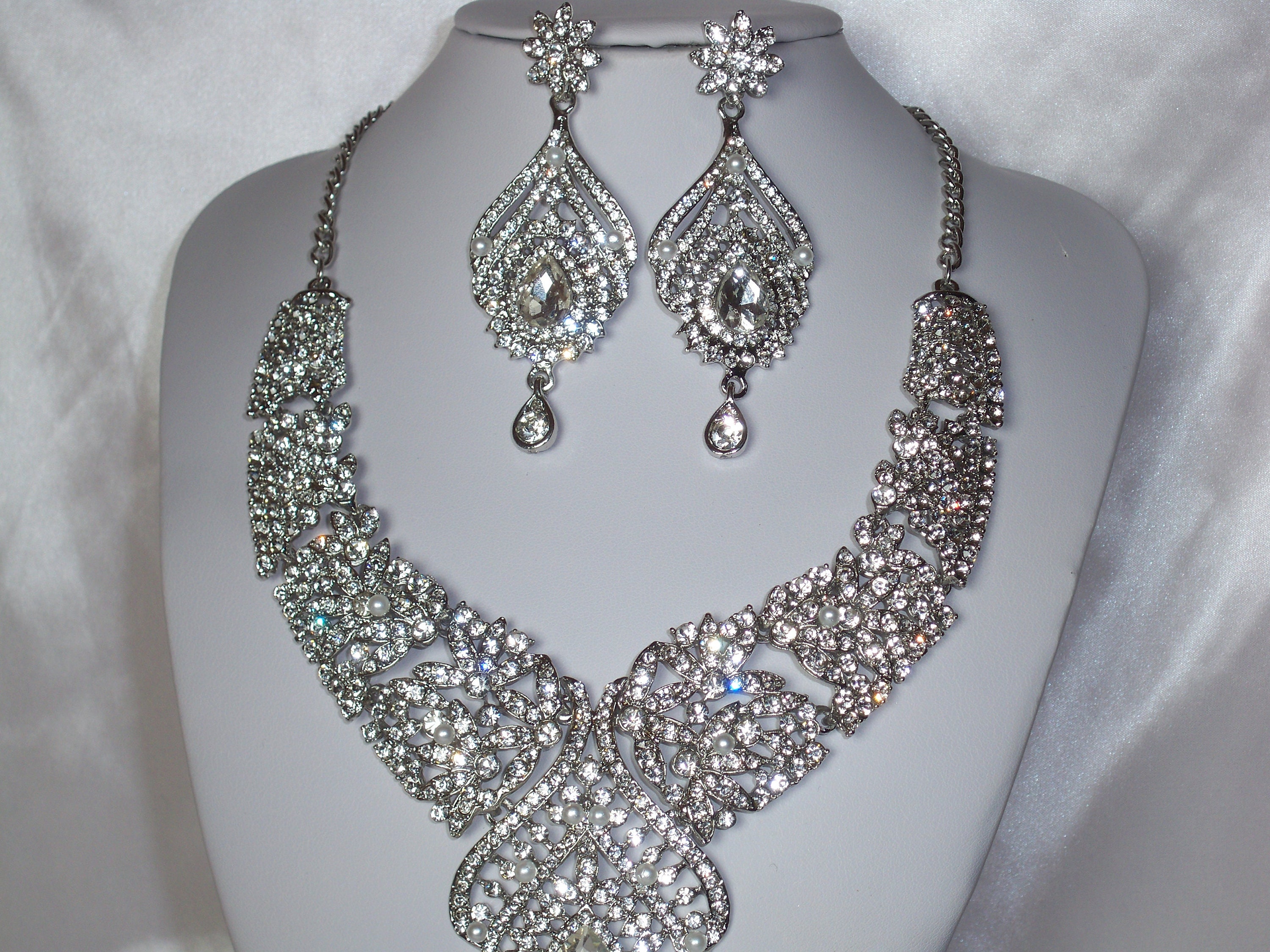 Silver Rhinestone Necklace Set, Statement Necklace, Bridal