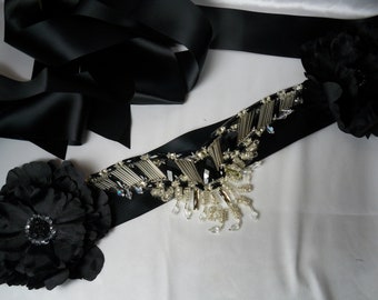 Black Rhinestone Crystal Bridal Sash Belt: Formal Evening Wear