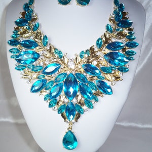 Aqua blue rhinestone necklace set, bridal wedding necklace, statement necklace, drag queen necklace,pageant necklace ballroom dance necklace image 3